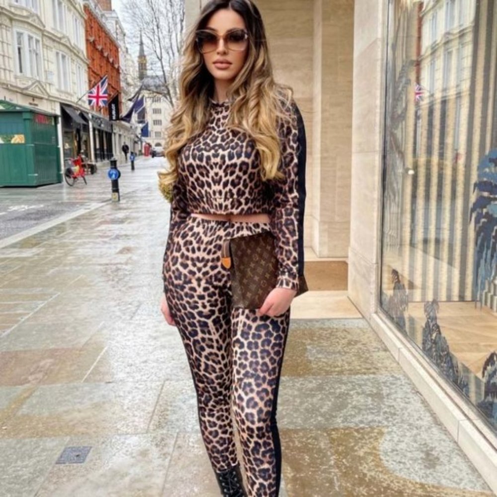 Leopard Print Long Sleeve Hoodie Hooded Crop Top and Joggers Pants Two Piece Set - Picture 8 of 10